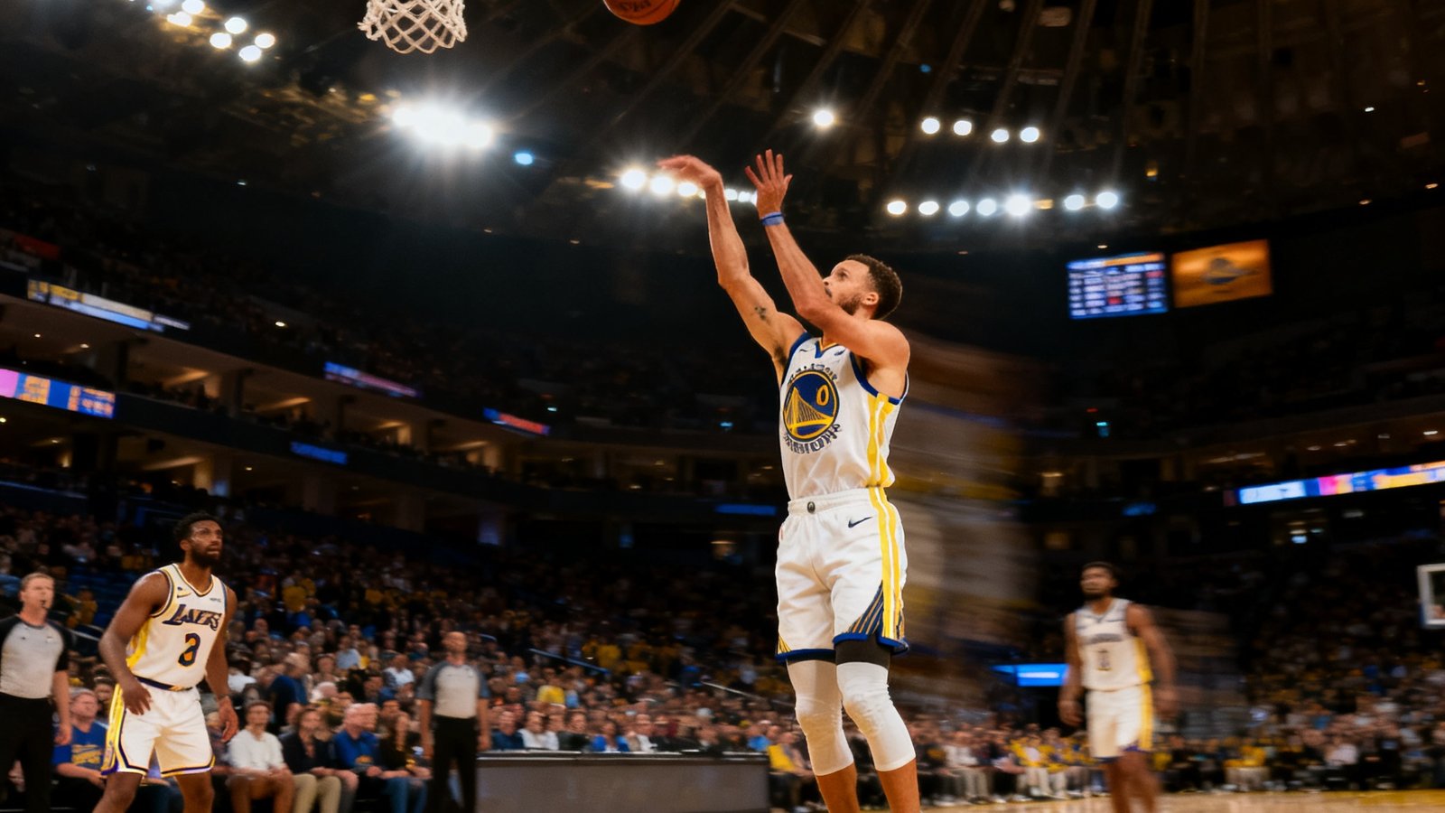NBA常规赛洛杉矶湖人队客场挑战金州勇士队，库里在三分线外快速出手的经典画面，球馆内灯光璀璨，球迷们屏息凝视篮球飞向篮筐。